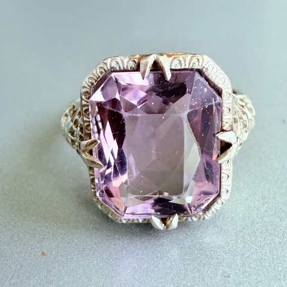 Jewelry - Estate 14K White Gold Antique Art Deco 5 CT Emerald Cut Amethyst Ring